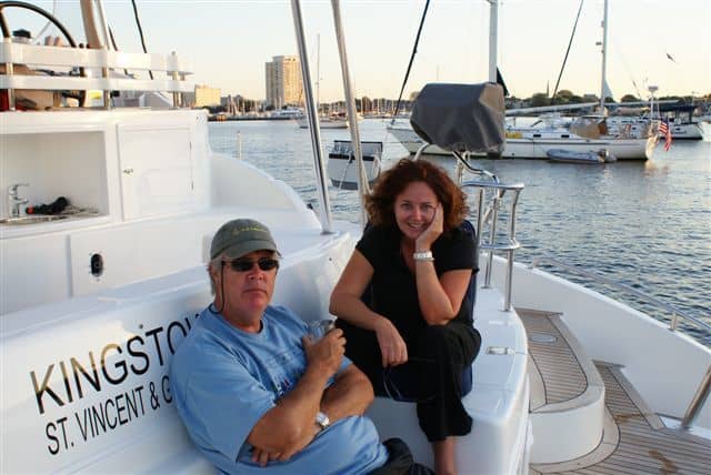 estelle and stephen cockcroft aboard a catamaran in chesapeake bay