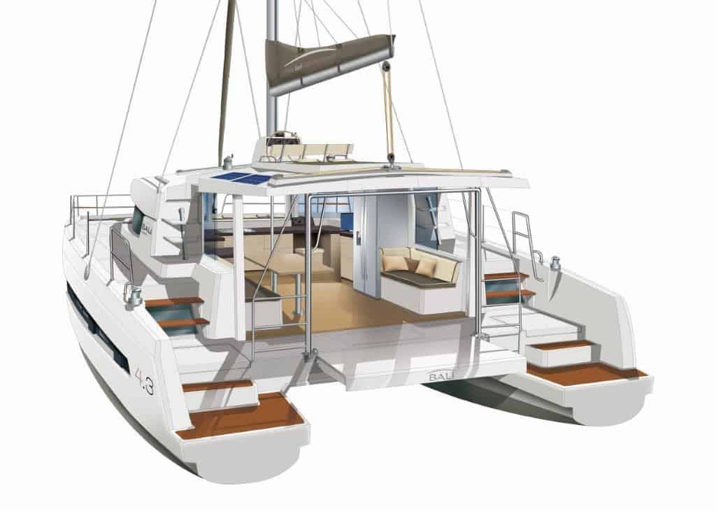 stern view of a bali 4.3 catamaran with the rear wall raised