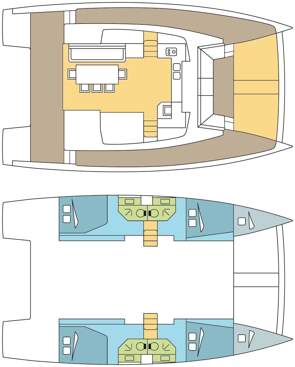 Bali 4.3 Catamaran layout of saloon and cabins