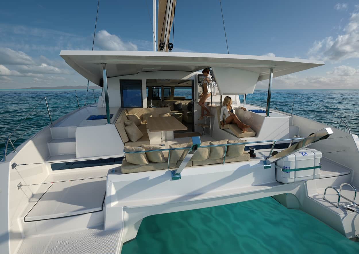 aft view of FP40 catamaran shows comfortable roomy cockpit for outdoor dining and reclining