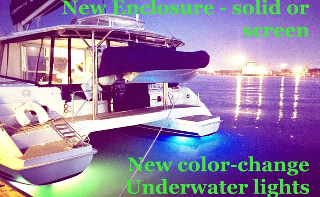 Leopard 44 for sale by owner has new enclosure screen and underwater lights with color