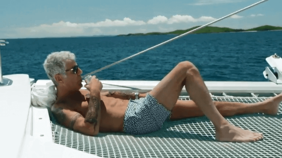 anthony bourdain relaxing aboard on of catamaran guru's owners' fp saba 50 puerto rico