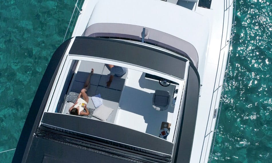 looking down throught sun roof into flybridge of fountaine pajot my44