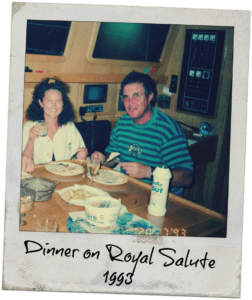 stephen and estelle cockcroft eating dinner aboard their sailboat royal salute