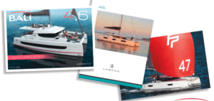 collage of brochure covers from catamarans in the 46 to 47 foot range that will be compared