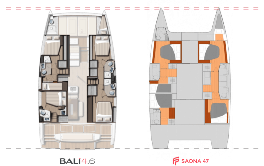 popular 46 to 47 foot catamaran with 5 cabins compared with hull layouts for compared for the bali 4.6 and fountaine pajot saona 47