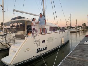 jim and linda stitt aboard makai their catamaran that they sold with the help of yacht broker christine buttigieg