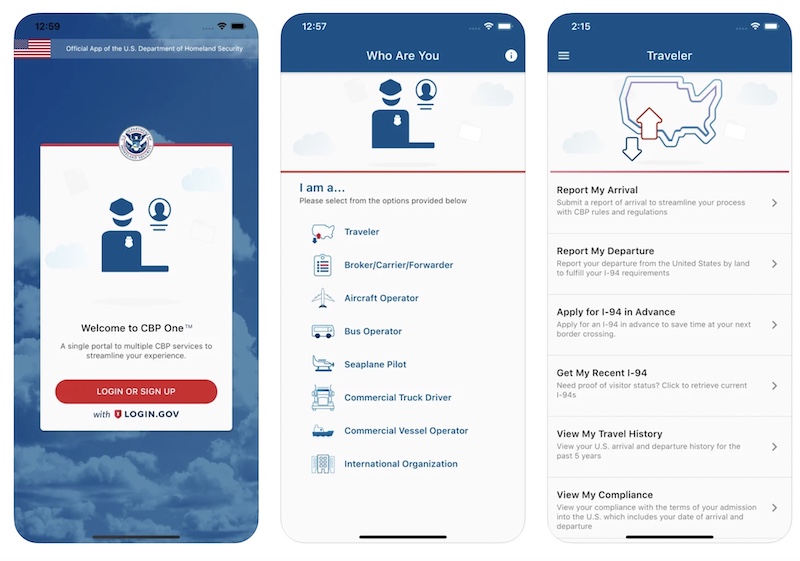 screen shots of cpb one app that helps travelers including sailors enter the US more quickly and easily