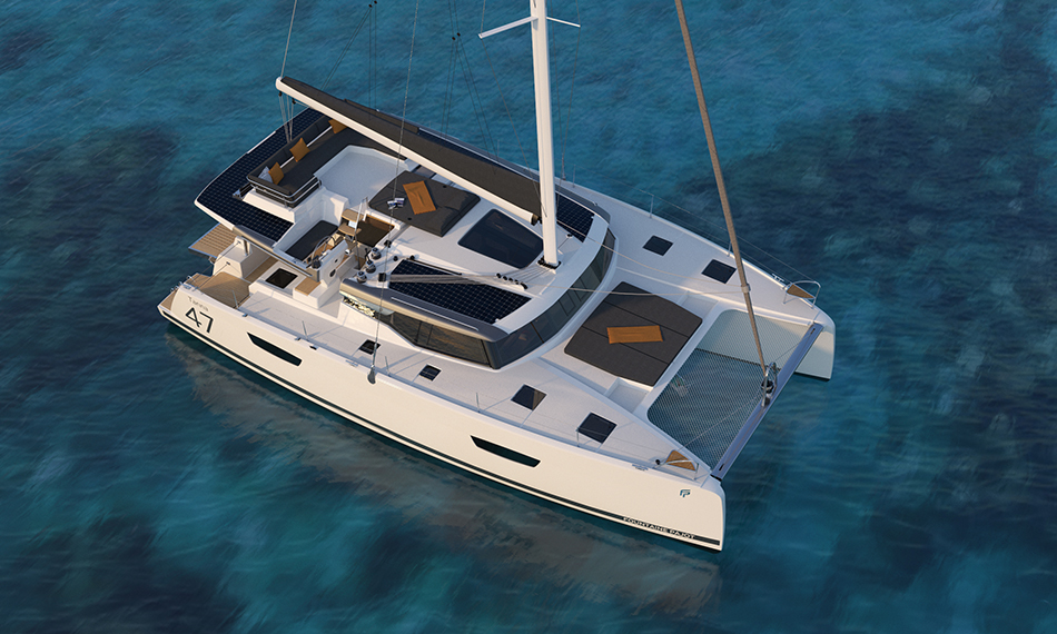 starboard aerial view of a Fountaine Pajot Tanna 47