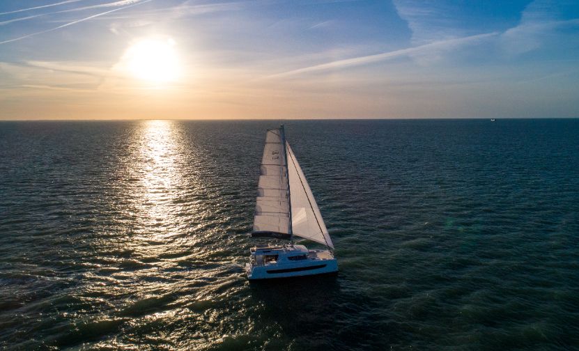 bali 44 sailing at sunset