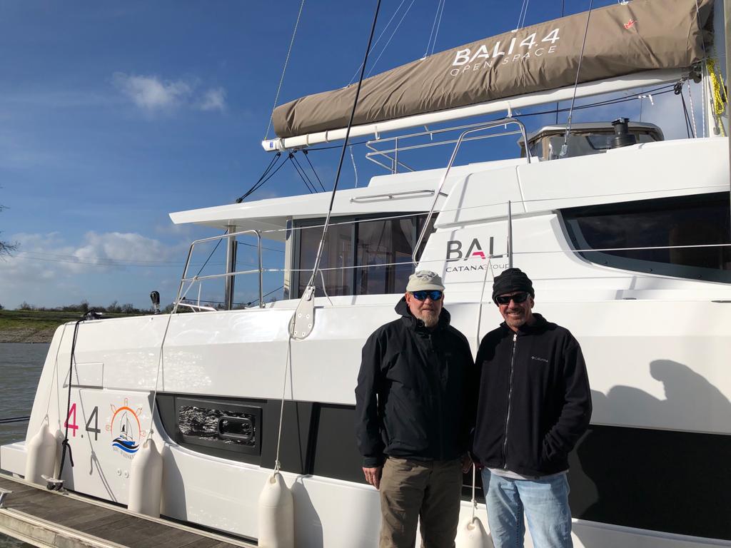 catamaran guru owners take position of a bali 4.4 in marans, france, at the bali factory